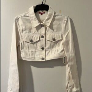 STAUD White Cropped Jean Jacket with Pointed Collar and Structured Stitching
